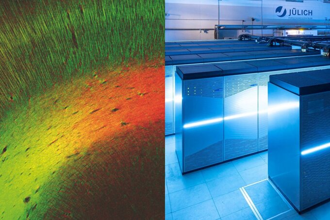 Brain connectivity challenges even supercomputing. Nerve fibres of the human visual cortex visualized by Polarized Light Imaging (left, Photo: Markus Axer) and Germany's fastest supercomputer JUWELS at Forschungszentrum Jülich. (right, Photo: Forschungszentrum Jülich/Sascha Kreklau).